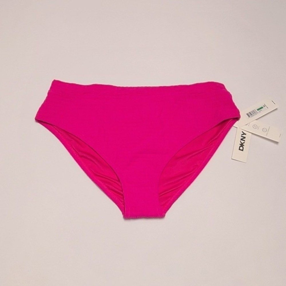 DKNY Womens High Waist Bikini Bottom Pink Textured Tummy Compression L/XL
